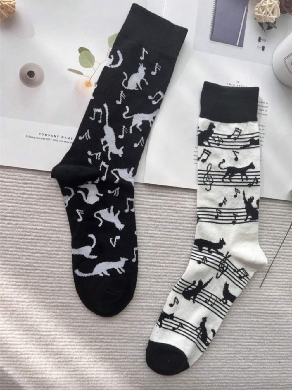Black & White Cat Music Crew Socks - Pack of 2